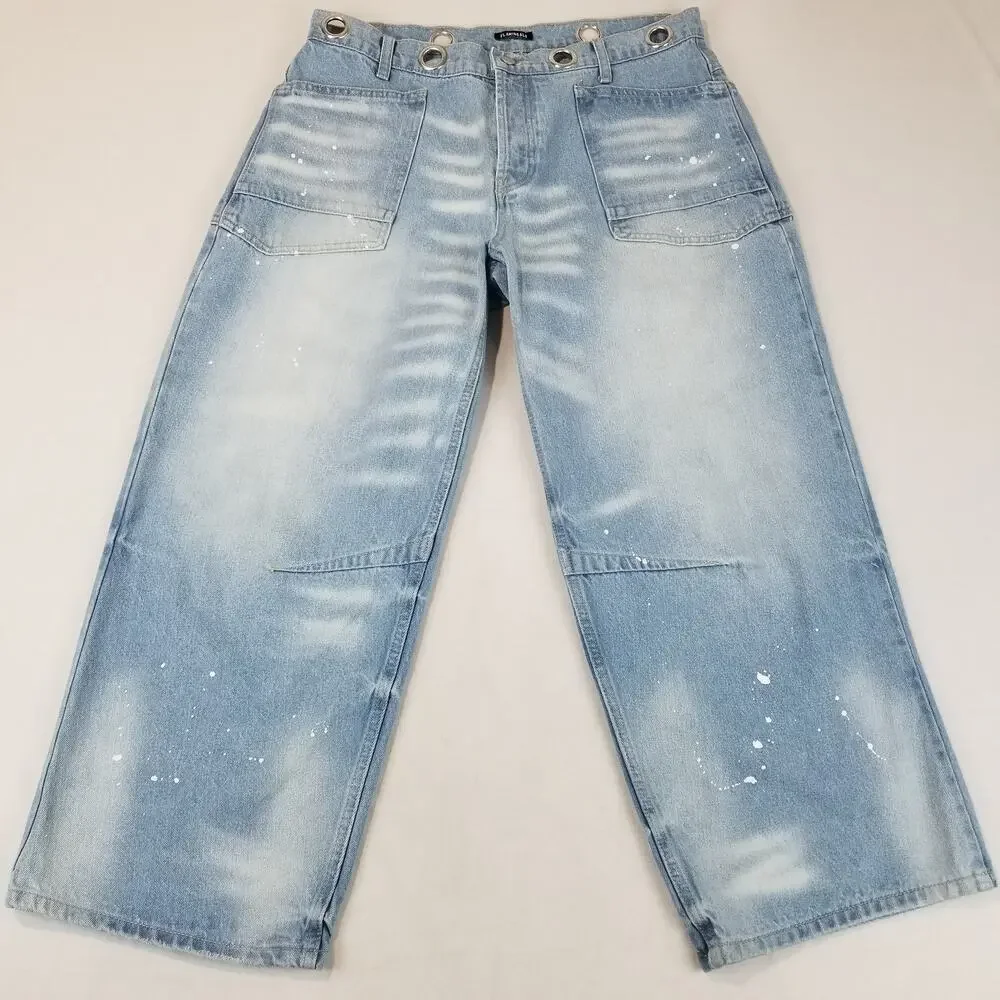 Flamingals Jeans Womens XL Moxie Barrel Low Slung Paint Splatter Grommet Tie - Picture 12 of 12